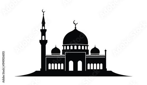 Black and white silhouette of a mosque with domes and minarets 1