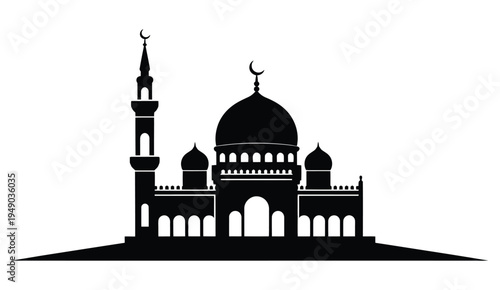 Black and white silhouette of a mosque with domes and minarets