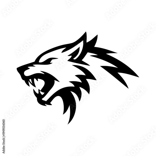 Logotipo con un dibujo sencillo con líneas de la cabeza de un lobo enojado enseñando los colmillos 