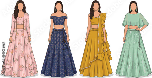 Create a realistic kinds of deferent modern girl lehenga vector art with white background.