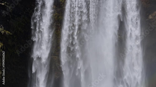Majestic Skógafoss waterfall with a rainbow and tourists at the base.