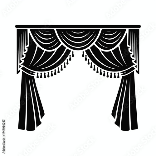 Black and white theater curtain with intricate swirl patterns and tassels hanging from a stage