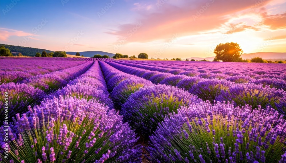 Obraz premium Radiant Sunset Over Symmetrical Rows of Blooming Lavender