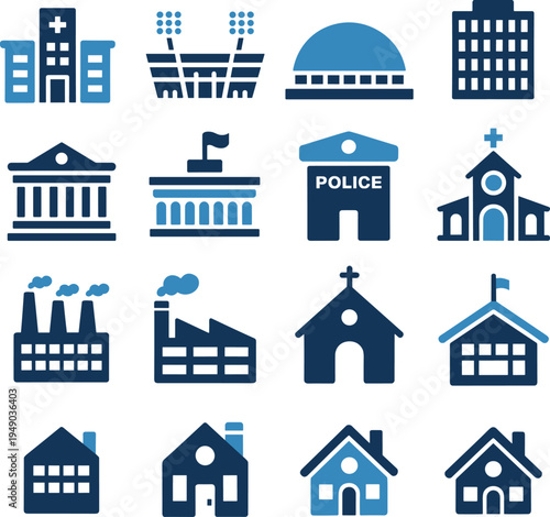 Blue city building icons set including hospital, stadium, government capitol, police station, church, factories, school and residential houses isolated vector illustration for urban infrastructure 