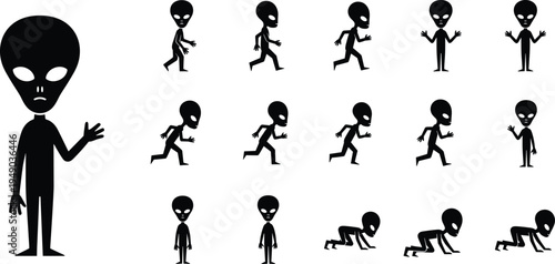 Black alien silhouette character set with various poses including walking, running, crawling, waving, and standing isolated on a white background.