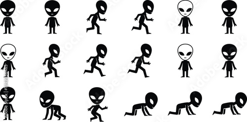 Alien character vector silhouette set featuring grey extraterrestrial humanoids in various poses like walking, running, crawling, standing, and different perspectives.