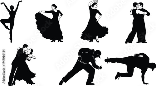 Set of black and white vector silhouettes featuring various dance styles including ballet flamenco ballroom tango salsa and modern hip hop.