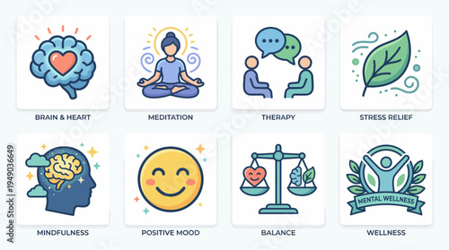 Vector Mental Health Icons Set Featuring Meditation, Therapy, Mindfulness, Stress Relief, Positive Mood, Balance, Brain and Heart, Wellness Graphics for Emotional Wellbeing and Self-Care
