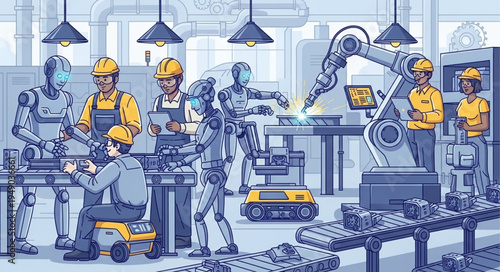 Robots and workers collaborate in modern factory assembly line.