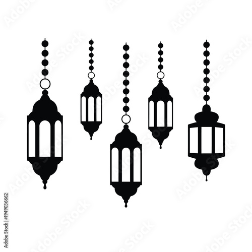 Five black and white hanging lanterns with geometric patterns and dangling beads
