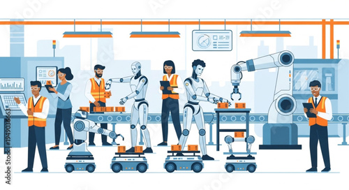 Robots and people working together in a modern factory setting.