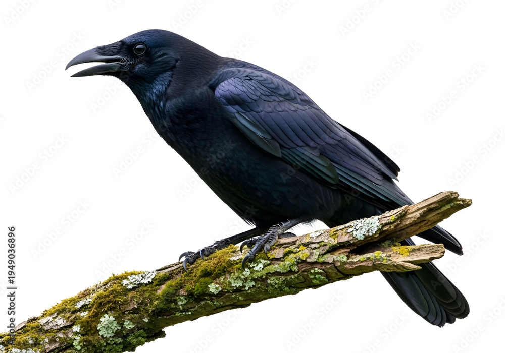 Naklejka premium Black Raven Perched on Mossy Branch Isolated Transparent PNG