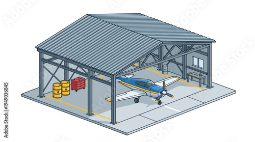 Small blue airplane in hangar building.
