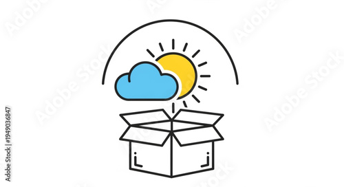 Open Box with Sun and Cloud Icon Above.