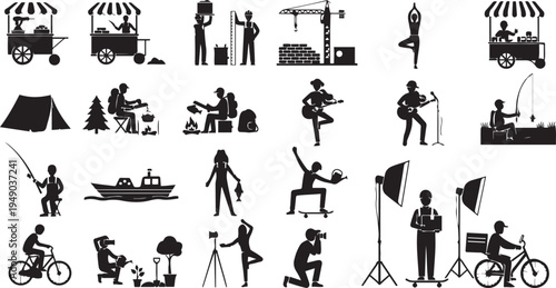 Diverse Collection of People Activities and Professions Vector Silhouettes: Featuring Construction Workers, Street Food Vendors, Musicians, Camping, Fishing, Cycling, and Photography Icons Set.