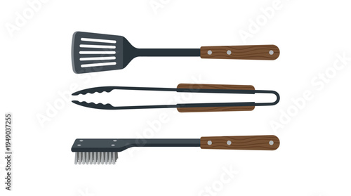 Three barbecue utensils with wooden handles.
