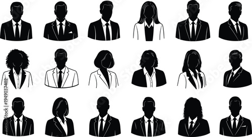 Professional Business Avatar Set with Diverse Male and Female Corporate Silhouette Icons for Team Profiles Organizational Charts and Human Resources Management