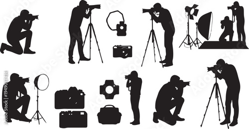 Professional Photographer Silhouettes Set with Camera Equipment, Videographer Icons, Photography Studio Gear, Lighting Setup, Tripod, and DSLR Camera Vector Illustrations for Media Design Projects.