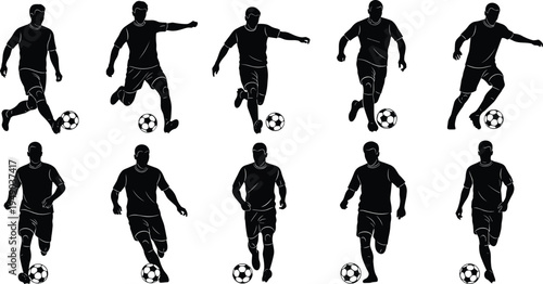 Soccer football player silhouette set collection with ball action poses professional athlete dribbling kicking training silhouettes isolated on white background.