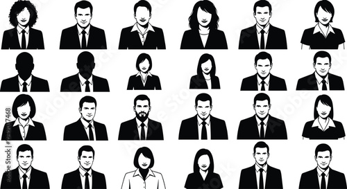 Professional business avatar collection, diverse corporate team headshots, minimalist black and white silhouette icons, multicultural office staff portraits for website.