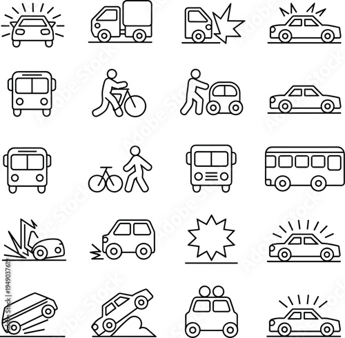 Collection of vehicle accident and transportation line icons including car crash, bicycle, bus, truck and emergency symbols for traffic safety, mobility and road incident concepts