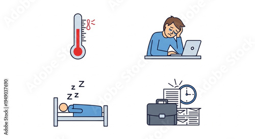 Sick Employee and Healthcare Icon Set with Fever, Fatigue, Bed Rest, and Workload