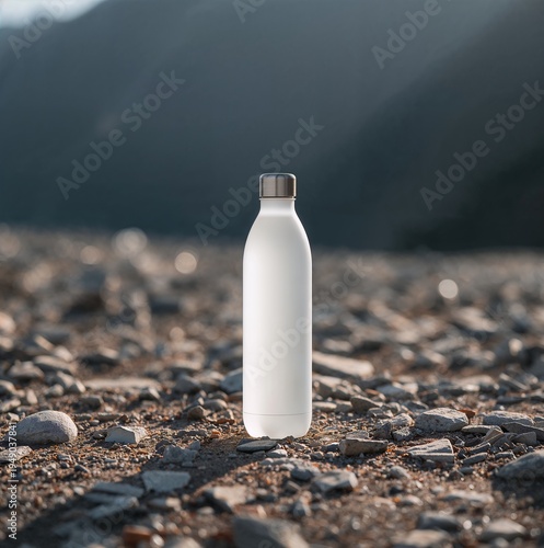 Clean white reusable water bottle standing upright on a rocky outdoor surface with blurred mountain background in soft natural light emphasizing simplicity and hydration in nature