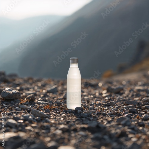 Minimal frosted bottle stands upright on a rocky mountain surface with soft sunlight and blurred peaks in the background creating a clean natural scene with focus on hydration and simplicity