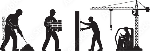 Construction Site Silhouettes Vector Set: Workers Masonry with Brick Wall, Manual Laborer with Shovel, Heavy Machinery Crane and Forklift Operator, Industrial Building Process Icons on White Backgroun