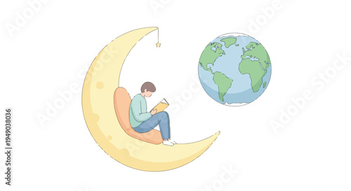Illustration of a man sitting on a yellow crescent moon reading a book next to a green and blue globe on a white background with a whimsical feel.