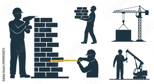 Construction Workers and Heavy Machinery Vector Set: Silhouette Illustrations of Builders Laying Bricks, Carrying Supplies, Operating Cranes, and Measuring Walls for Industrial Building Projects.
