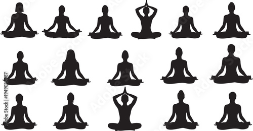 Yoga poses in various sitting positions and meditation styles