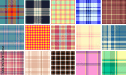 Plaid pattern collection for digital fashion projects. Works for mockups, downloadable patterns, and digital textile previews. Vector adaptability ensures compatibility.
