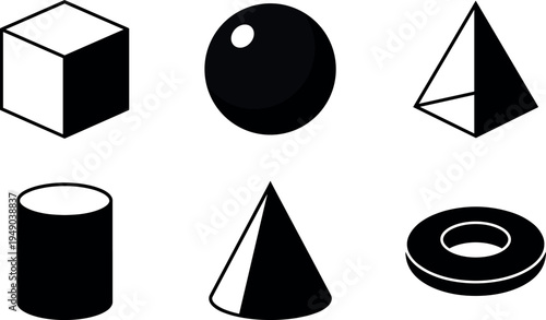 Set of basic three dimensional geometric shapes including cube, sphere, pyramid, cylinder, cone and torus in black and white minimal style illustration
