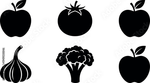 Black vegetable and fruit silhouette icon set including apple, tomato, garlic and broccoli isolated on light background, simple healthy food vector illustration