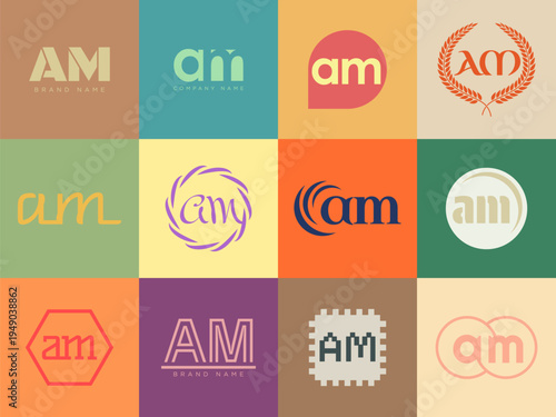 AM logo company template. Letter a and m logotype. Set different classic serif lettering and modern bold text with design elements. Initial font typography.