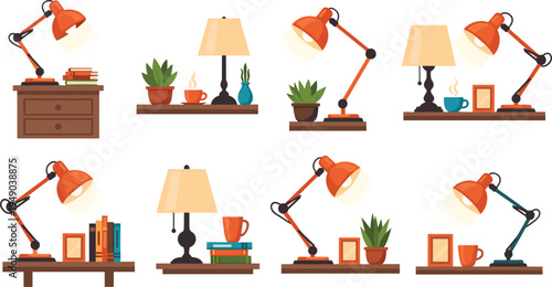 Modern desk lamps and cozy home decor vector set table lamps with books plants mugs interior illustration collection isolated background
