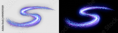 Foto Glowing blue purple magic swish trail, neon particle S-curve wave, electric fair
