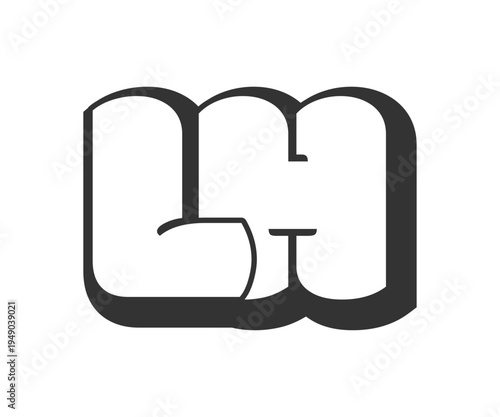 LH logo, bubble comic lettering, rounded in graffiti style black and white silhouette. Trendy preschool L and H letter text for festival party, personal initials, children funky print and web.