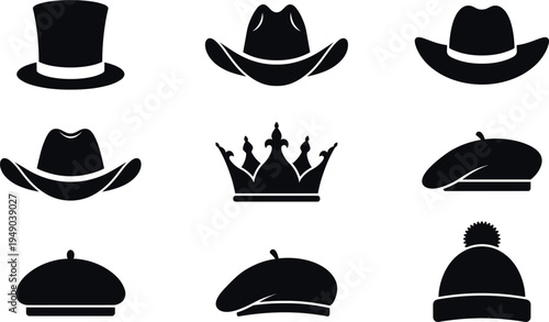 Various Hat and Headwear Silhouette Icon Set, Featuring Cowboy Hat Top Hat Crown Beret and Beanie Vector Illustrations for Fashion and Clothing Design