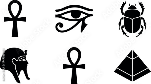 Ancient Egyptian Symbol Silhouette Set, Featuring Eye of Horus Ankh Cross Scarab Beetle Pharaoh Head and Pyramid Vector Illustrations for History and Mythology Design