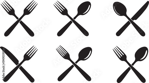 Set of black cutlery icons on white background illustration