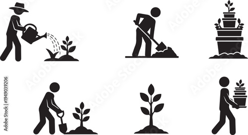 Gardening and Farming Icon Set: Stick Figure Vector Illustrations of People Planting Seeds, Watering Sprouts, Digging Soil, Carrying Pots, and Cultivating Plants for Agriculture and Hobby Gardening.