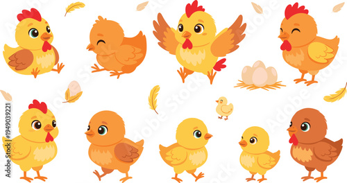 Cute cartoon chicken and chick characters vector set baby chicks hens eggs farm poultry illustration collection isolated background