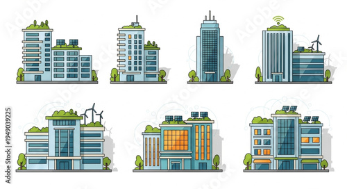 Collection of modern eco-friendly buildings with green roofs and solar panels.