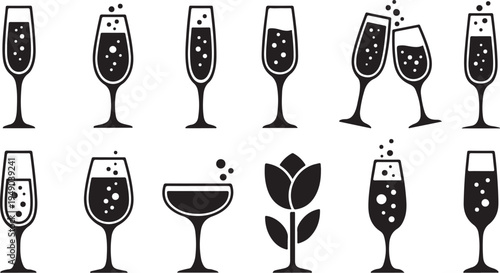 Black and white illustration of champagne glasses celebration toast