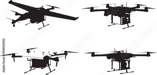 Silhouette of various drones in flight on white background