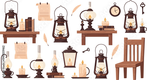 Vintage oil lantern and antique home objects vector set rustic lighting candles books furniture illustration collection isolated background