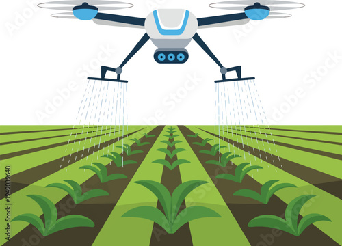 Agricultural drone spraying water on a crop field, automation technology illustration