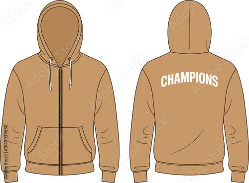Front and back view blank hoodie mockup with champions text, casual sweatshirt apparel template, streetwear fashion garment outline vector illustration isolated for print design